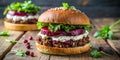 Delicious beetroot and herb burger on rustic wood. Generative AI Royalty Free Stock Photo