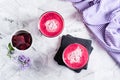 Delicious beetroot latte in glasses on the table. Healthy homemade vitamin drinks. Top view Royalty Free Stock Photo