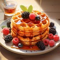 Delicious Belgian waffle with berry and honey