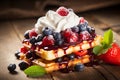 Delicious Belgian Waffles with Blueberries, Raspberries, and Whipped Cream, Copy Space