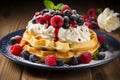 Delicious Belgian Waffles with Blueberries, Raspberries, and Whipped Cream, Copy Space