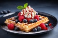 Delicious Belgian Waffles with Blueberries, Raspberries, and Whipped Cream, Copy Space