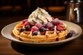 Delicious Belgian Waffles with Blueberries, Raspberries, and Whipped Cream, Copy Space