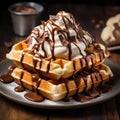 Delicious Belgian waffles with cream and chocolate