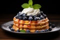 Delicious Belgian Waffles with Fresh Berries and Whipped Cream Topping on a Plate. Copy space