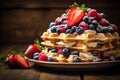 Delicious Belgian Waffles with Fresh Berries and Whipped Cream Topping on a Plate. Copy space