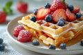 Delicious belgian waffles topped with berries, generative ai