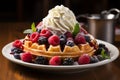 Delicious Belgian waffles topped with ice cream, fresh berries, cream