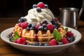 Delicious Belgian waffles topped with ice cream, fresh berries, cream