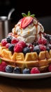 Delicious Belgian waffles topped with ice cream, fresh berries, cream