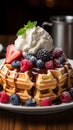 Delicious Belgian waffles topped with ice cream, fresh berries, cream