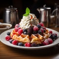 Delicious Belgian waffles topped with ice cream, fresh berries, cream