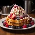 Delicious Belgian waffles topped with ice cream, fresh berries, cream