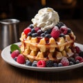 Delicious Belgian waffles topped with ice cream, fresh berries, cream