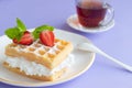 Delicious belgian waffles with whipped cream, strawberry and mint leaves. Waffle sandwich on a plate with dessert spoon and cup of Royalty Free Stock Photo