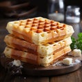 Delicious belgian waffles on wooden rustic table, dark background