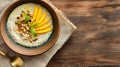 Delicious Bengali mango doi chira with nuts on rustic wooden table Royalty Free Stock Photo