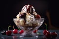 Delicious sundae ice cream with chocolate syrup. Ice cream with blueberries and strawberries in bowl. Generative AI. Royalty Free Stock Photo