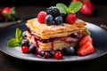 Delicious berry pastry cream cake of layered crisp dough and sugar powder on black plate