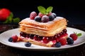 Delicious berry pastry cream cake of layered crisp dough and sugar powder closeup studio shot