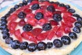 Delicious berry pie. Juicy blueberries, shiny red strawberries, tasty blackberries.