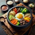 Delicious Bibimbap with Vegetables, Beef, and Egg in a Heated Stone Bowl Royalty Free Stock Photo