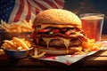 American burger with fries and beer, generated by AI