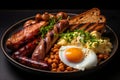 Delicious Big English Breakfast with Bacon, Eggs, Sausages, Baked Beans, and Toast