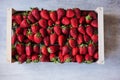 Delicious big ripe red strawberries in wooden box flat lay Royalty Free Stock Photo