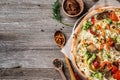 Delicious big vegan pizza, textspace on side Royalty Free Stock Photo