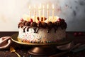 Delicious birthday cake with candles. Celebration party chocolate cake. Generative ai
