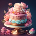 Delicious birthday cake with flowers on a dark background. 3d rendering AI generated dessert ai