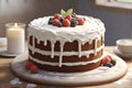 Delicious birthday cake with fresh berries on wooden table, AI Generated