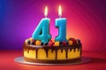 delicious birthday cake with lighted candles in shape of number forty one on colorful background