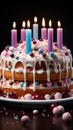 Delicious birthday cake, vibrant candles its tastiness shines on a white surface Royalty Free Stock Photo