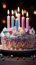 Delicious birthday cake, vibrant candles its tastiness shines on a white surface Royalty Free Stock Photo