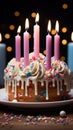 Delicious birthday cake, vibrant candles its tastiness shines on a white surface Royalty Free Stock Photo