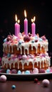 Delicious birthday cake, vibrant candles its tastiness shines on a white surface Royalty Free Stock Photo