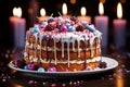 Delicious birthday cake, vibrant candles its tastiness shines on a white surface Royalty Free Stock Photo