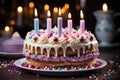 Delicious birthday cake, vibrant candles its tastiness shines on a white surface Royalty Free Stock Photo