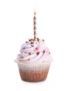 Delicious birthday cupcake with burning candle isolated on white Royalty Free Stock Photo