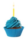 Delicious birthday cupcake with candle and blue cream isolated Royalty Free Stock Photo