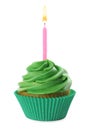 Delicious birthday cupcake with candle and green cream on white Royalty Free Stock Photo