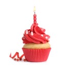 Delicious birthday cupcake with candle isolated Royalty Free Stock Photo