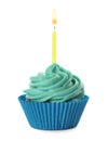 Delicious birthday cupcake with candle and blue cream isolated on white Royalty Free Stock Photo