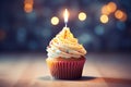 A delicious birthday cupcake and candle light. Generative AI