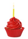 Delicious birthday cupcake with candle and cream isolated on white Royalty Free Stock Photo