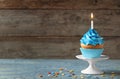 Delicious birthday cupcake with candle