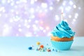 Delicious birthday cupcake with candl