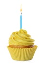 Delicious birthday cupcake with candle and cream isolated on white Royalty Free Stock Photo